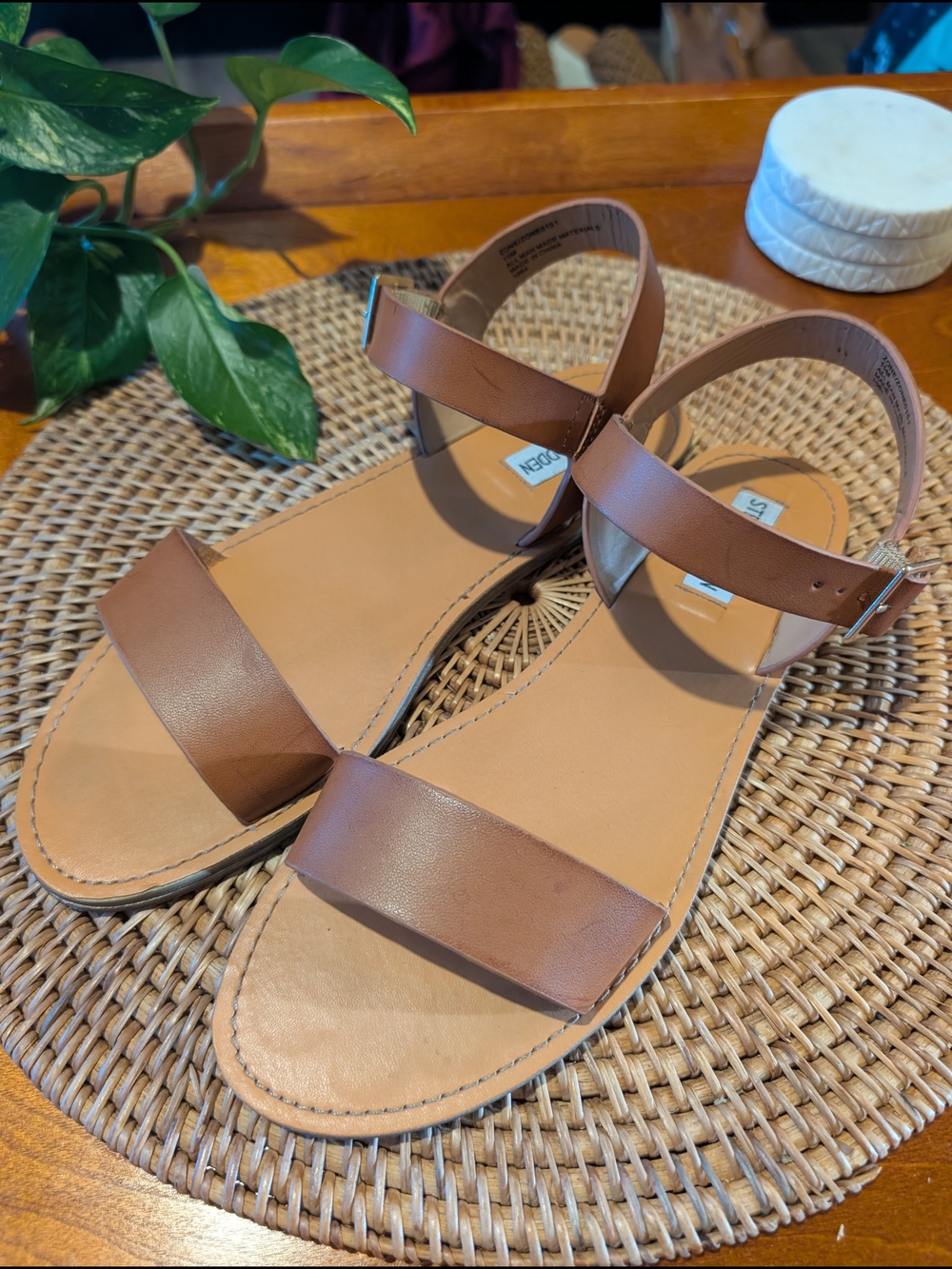 Steve Madden Tan Brown Ankle-Strap Flat Sandals